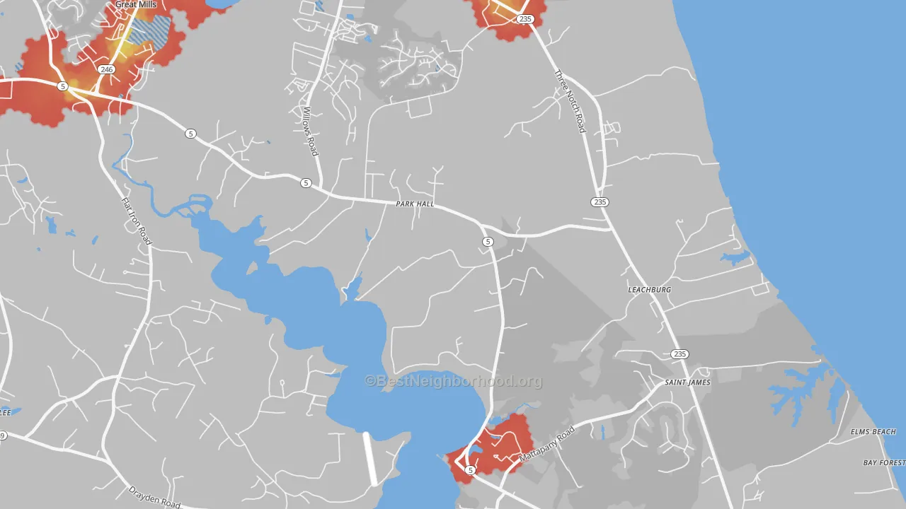 Walk Grade map of Park Hall, MD, walkable areas in green and car-dependent areas in red