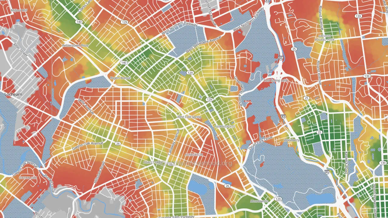 Walk Grade map of Park Heights, Baltimore, MD, walkable areas in green and car-dependent areas in red