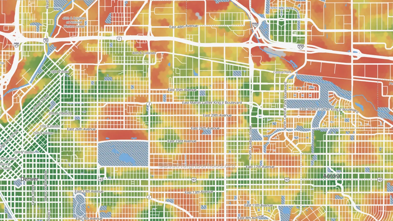 Walk Grade map of Park Hill, Denver, CO, walkable areas in green and car-dependent areas in red