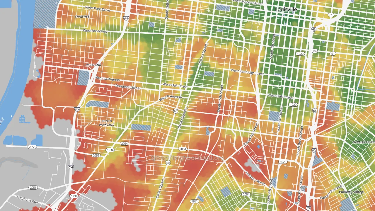 Walk Grade map of Park Hill, Louisville, KY, walkable areas in green and car-dependent areas in red