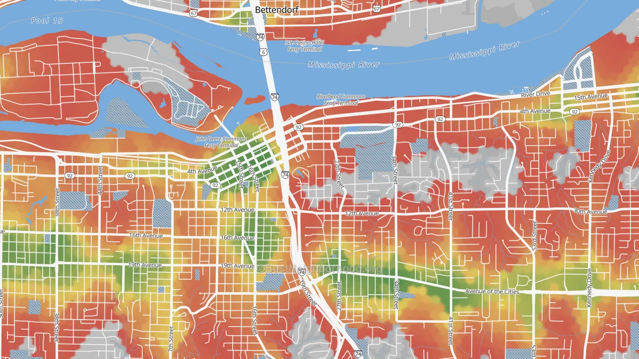 Walk Grade map of Park Hill, Moline, IL, walkable areas in green and car-dependent areas in red