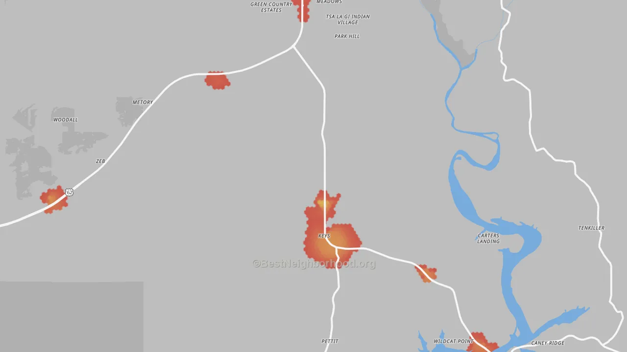 Walk Grade map of Park Hill, OK, walkable areas in green and car-dependent areas in red
