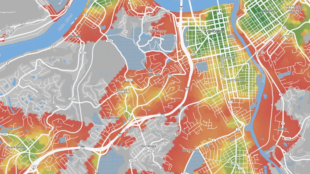 Walk Grade map of Park Hills, KY, walkable areas in green and car-dependent areas in red