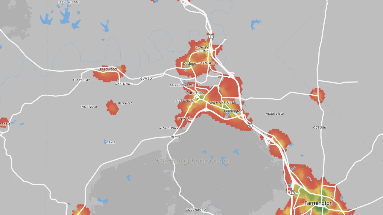 Walk Grade map of Park Hills, MO, walkable areas in green and car-dependent areas in red