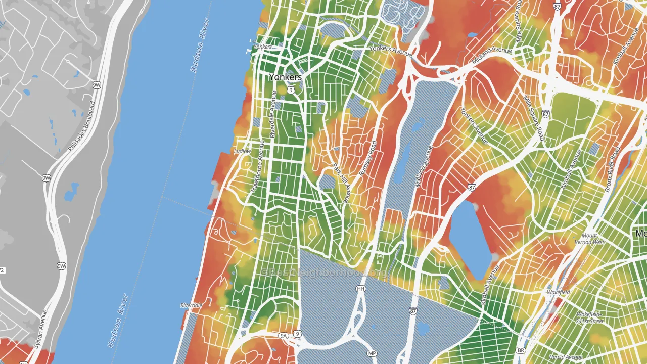 Walk Grade map of Park Hills, Yonkers, NY, walkable areas in green and car-dependent areas in red