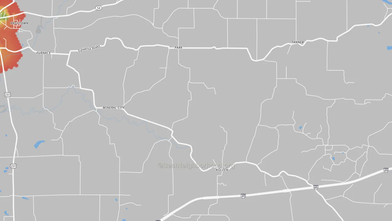 Walk Grade map of Park, IN, walkable areas in green and car-dependent areas in red