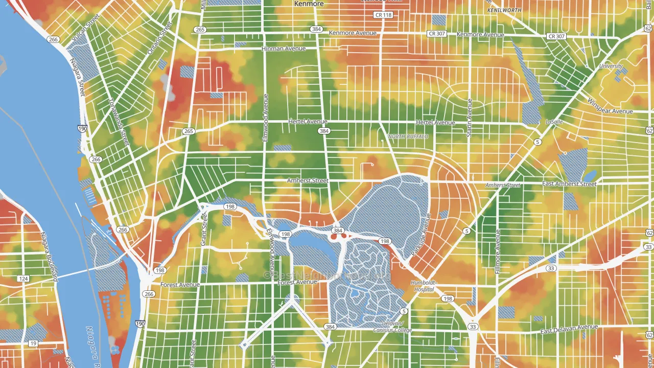 Walk Grade map of Park Meadow, Buffalo, NY, walkable areas in green and car-dependent areas in red