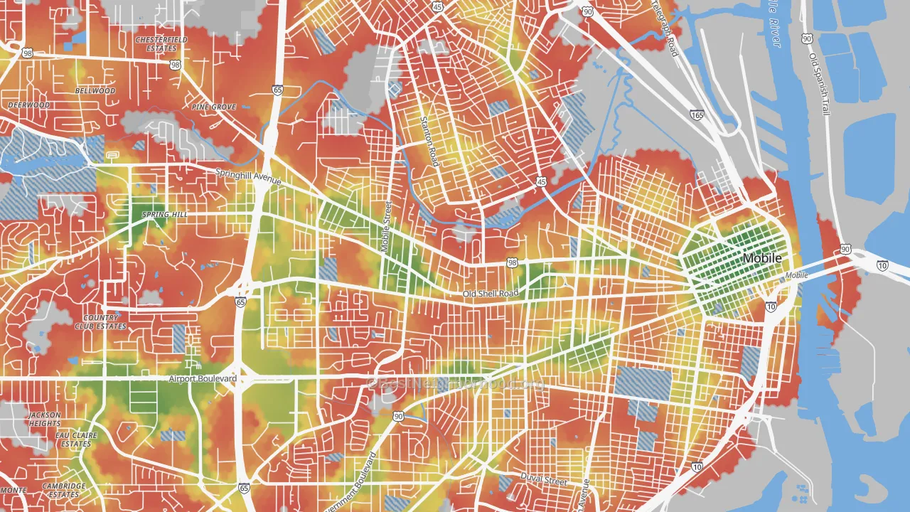 Walk Grade map of Park Place, Mobile, AL, walkable areas in green and car-dependent areas in red