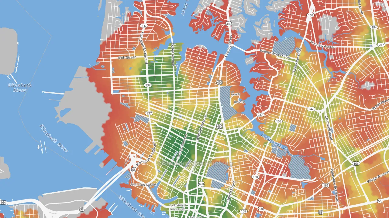 Walk Grade map of Park Place, Norfolk, VA, walkable areas in green and car-dependent areas in red