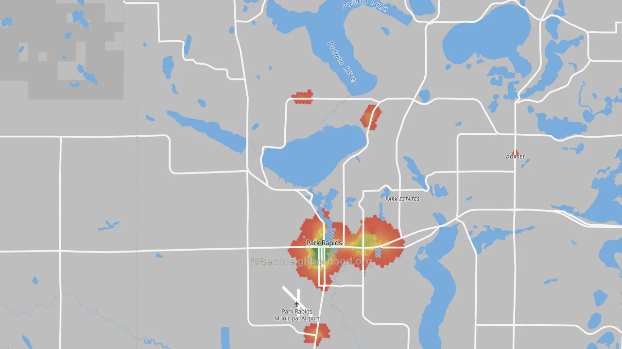 Walk Grade map of Park Rapids, MN, walkable areas in green and car-dependent areas in red