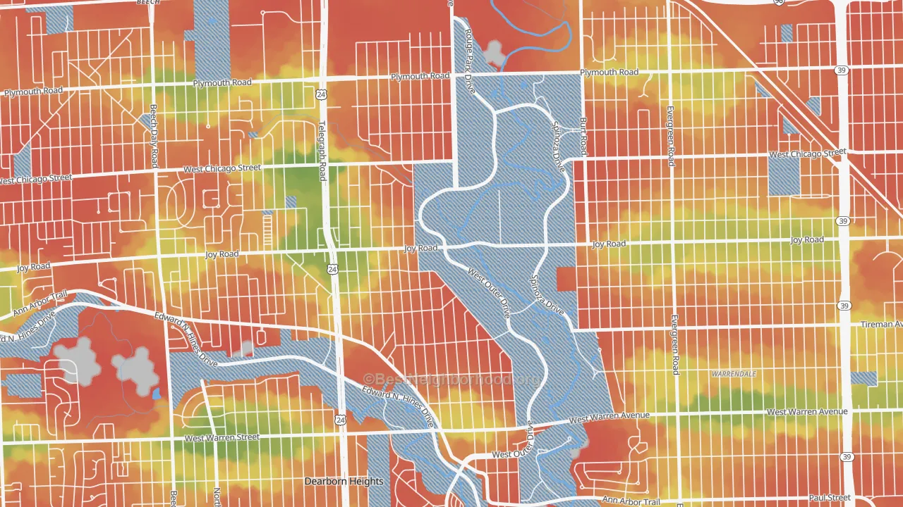 Walk Grade map of Park, Redford, MI, walkable areas in green and car-dependent areas in red