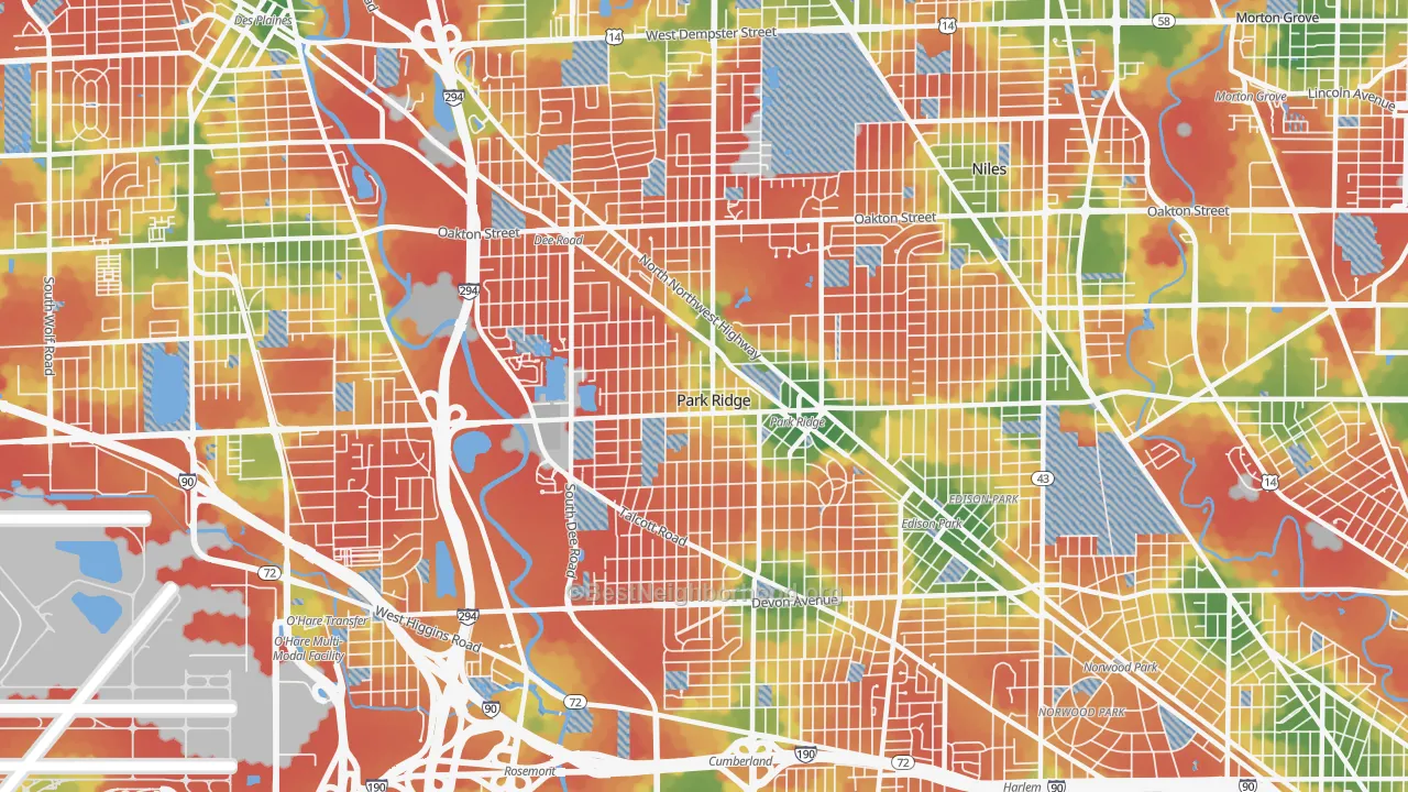Walk Grade map of Park Ridge, IL, walkable areas in green and car-dependent areas in red