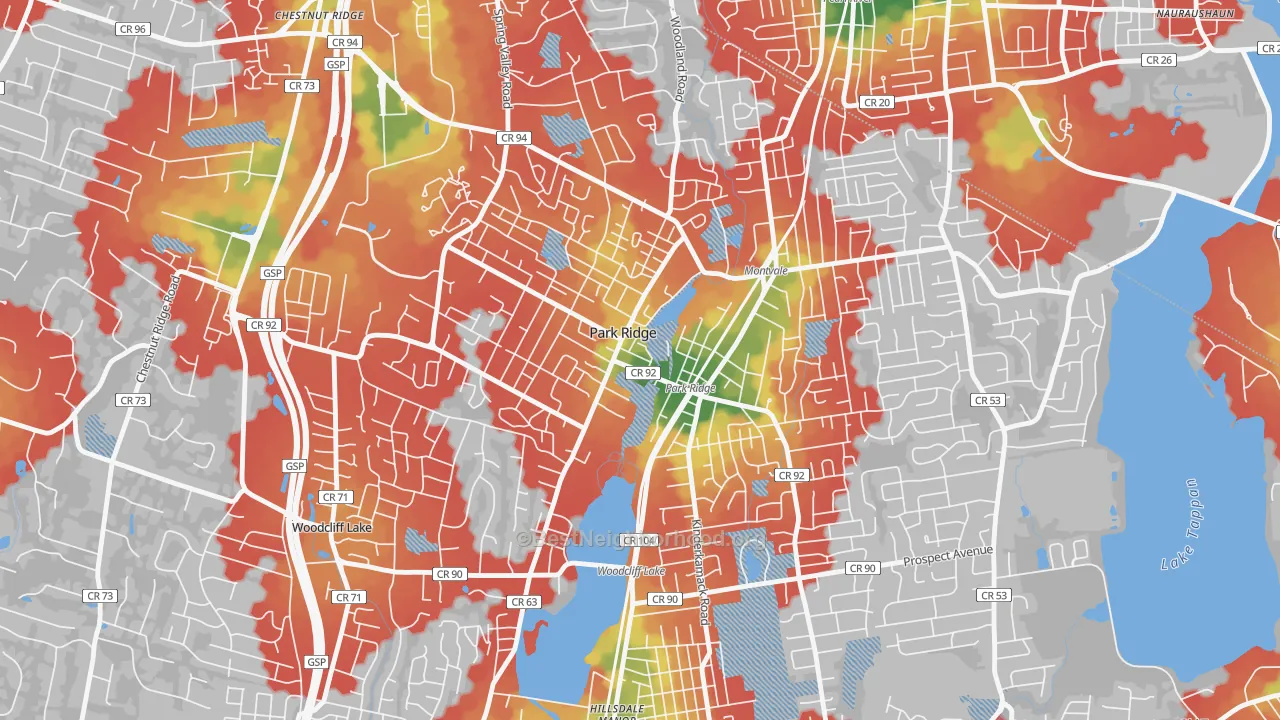 Walk Grade map of Park Ridge, NJ, walkable areas in green and car-dependent areas in red