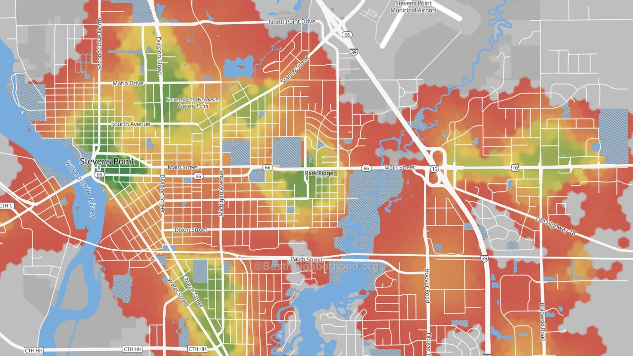 Walk Grade map of Park Ridge, WI, walkable areas in green and car-dependent areas in red