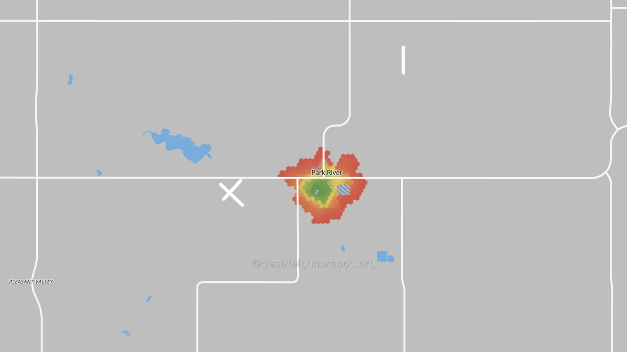 Walk Grade map of Park River, ND, walkable areas in green and car-dependent areas in red