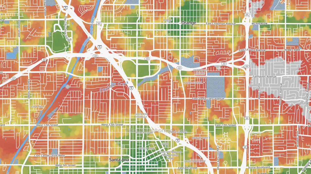 Walk Grade map of Park Santiago, Santa Ana, CA, walkable areas in green and car-dependent areas in red