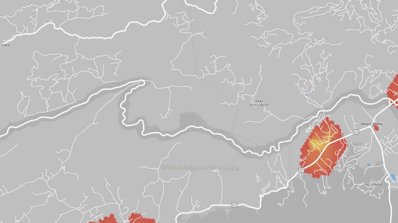 Walk Grade map of Park Settlement, TN, walkable areas in green and car-dependent areas in red