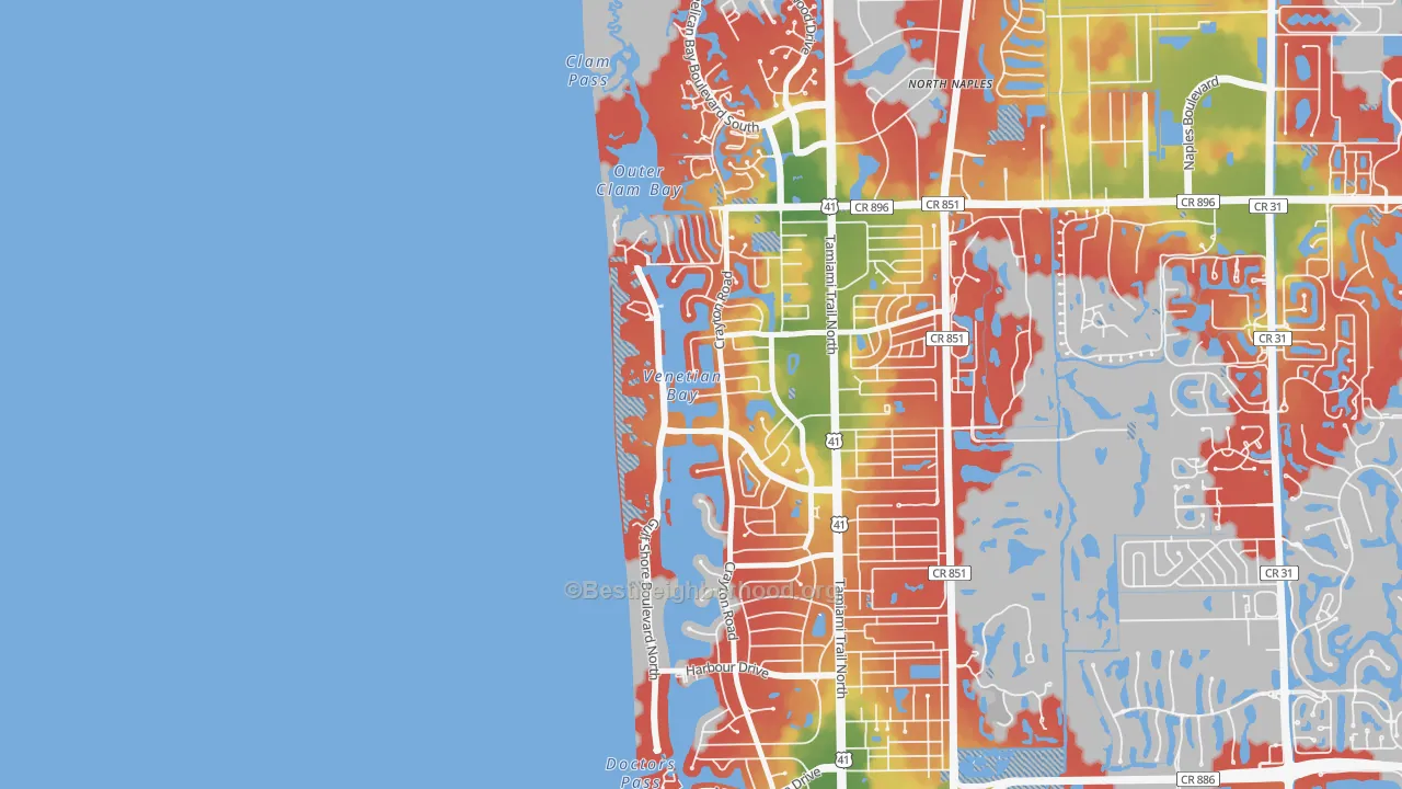 Walk Grade map of Park Shore, Naples, FL, walkable areas in green and car-dependent areas in red