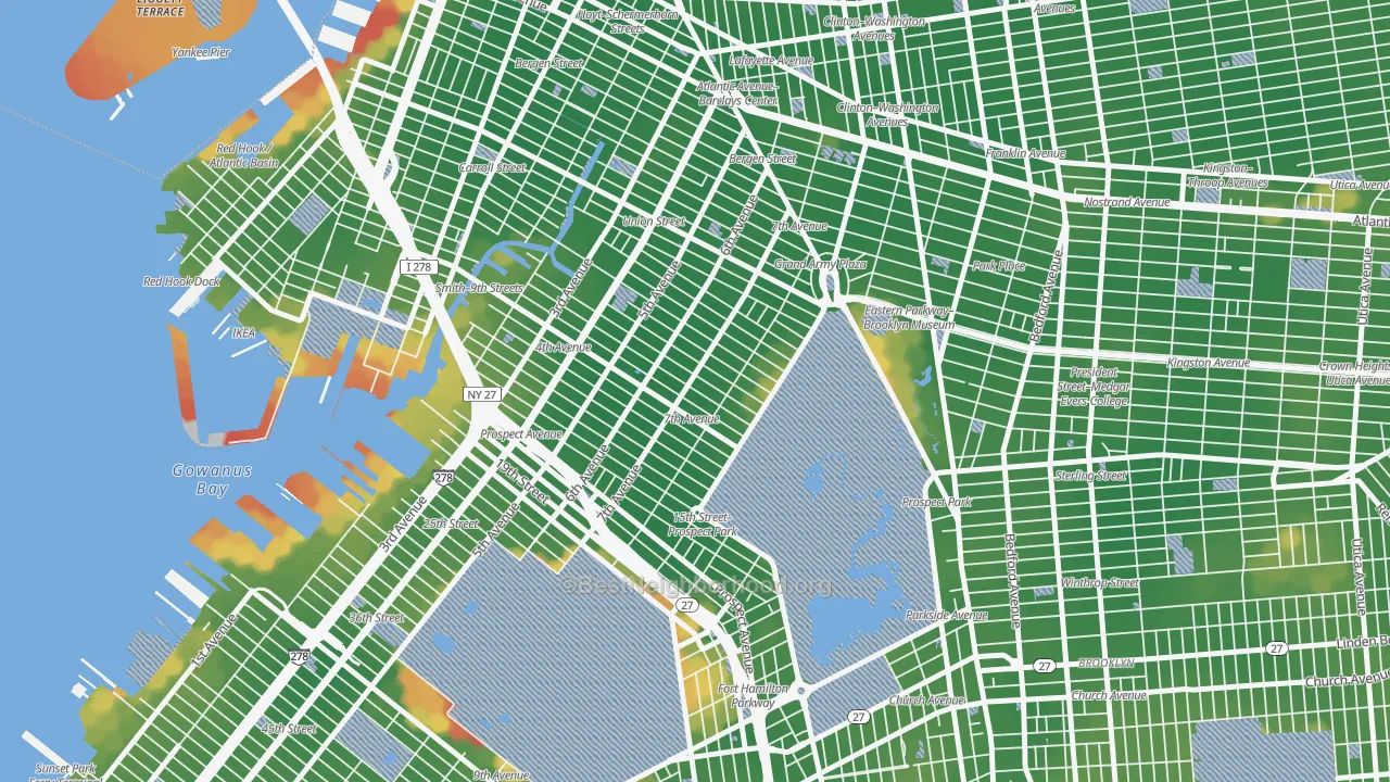 Walk Grade map of Park Slope, Brooklyn, NY, walkable areas in green and car-dependent areas in red