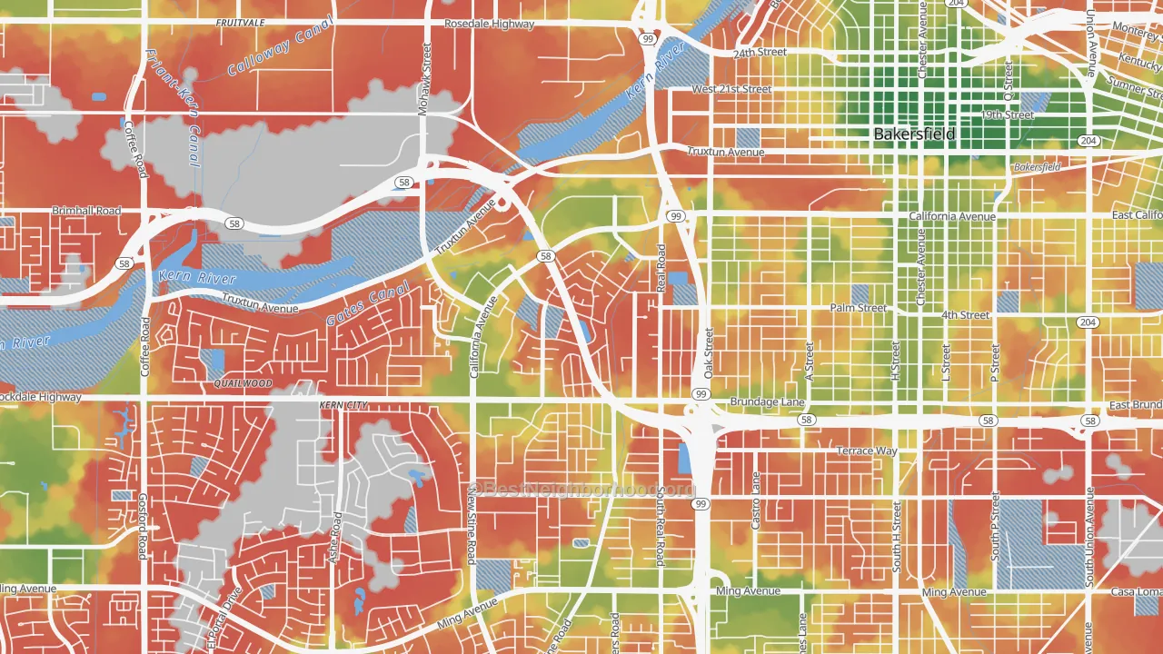 Walk Grade map of Park Stockdale, Bakersfield, CA, walkable areas in green and car-dependent areas in red