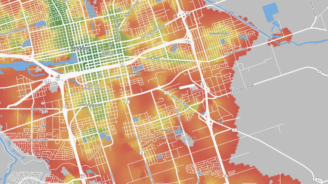Walk Grade map of Park, Stockton, CA, walkable areas in green and car-dependent areas in red