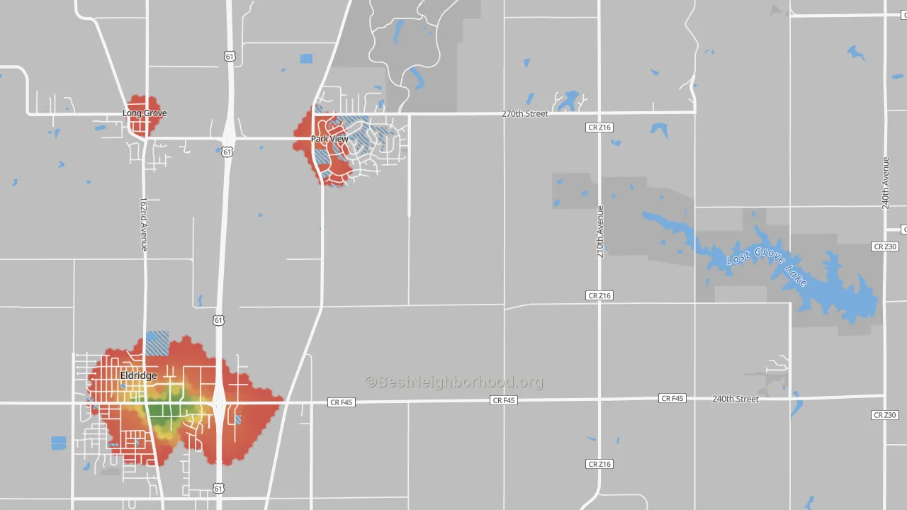 Walk Grade map of Park View, IA, walkable areas in green and car-dependent areas in red