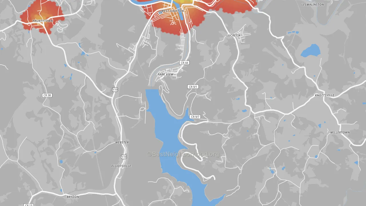 Walk Grade map of Park View, WV, walkable areas in green and car-dependent areas in red
