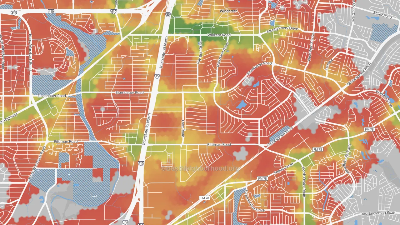 Walk Grade map of Park Village, San Antonio, TX, walkable areas in green and car-dependent areas in red