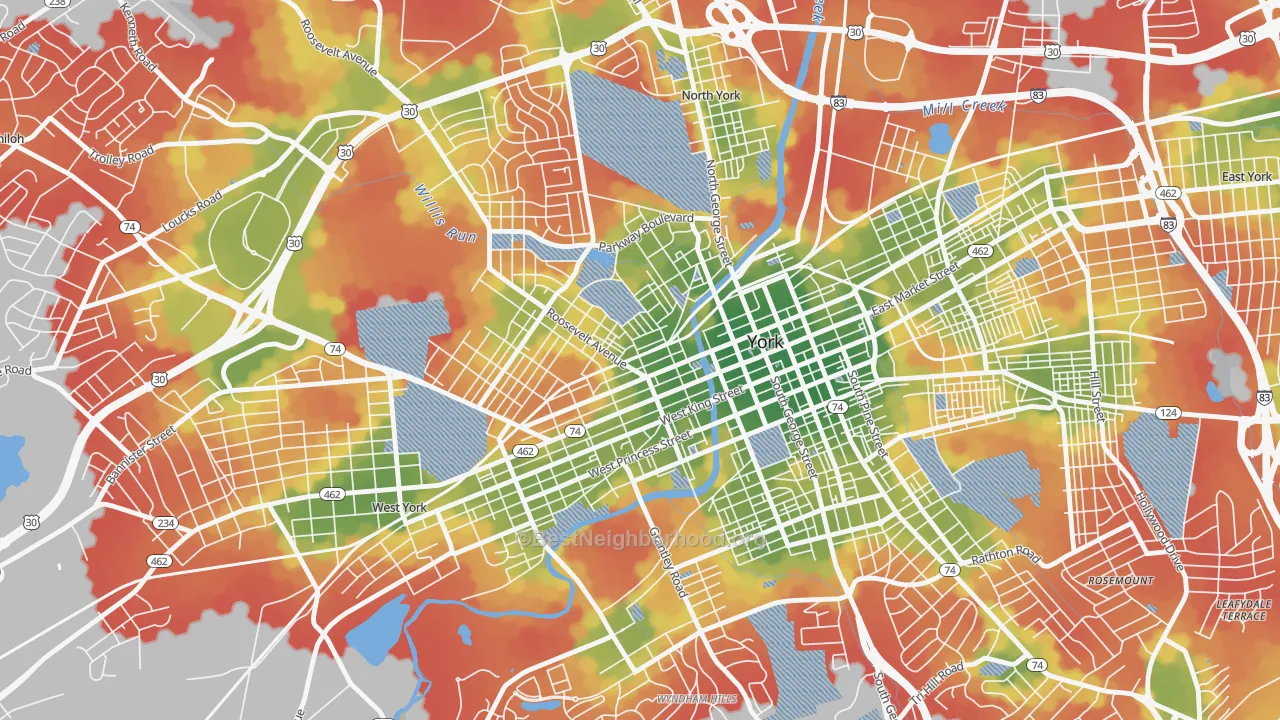 Walk Grade map of Park Village, York, PA, walkable areas in green and car-dependent areas in red
