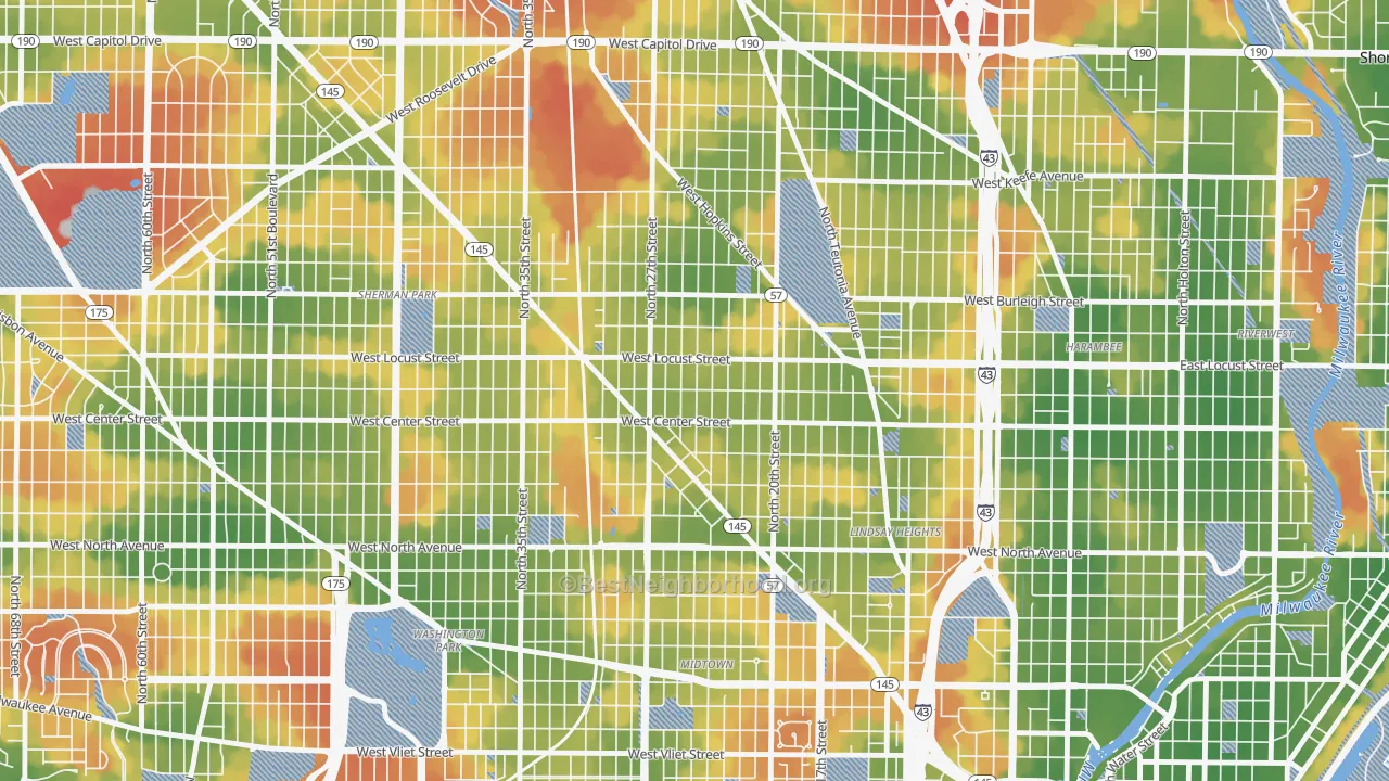 Walk Grade map of Park West, Milwaukee, WI, walkable areas in green and car-dependent areas in red