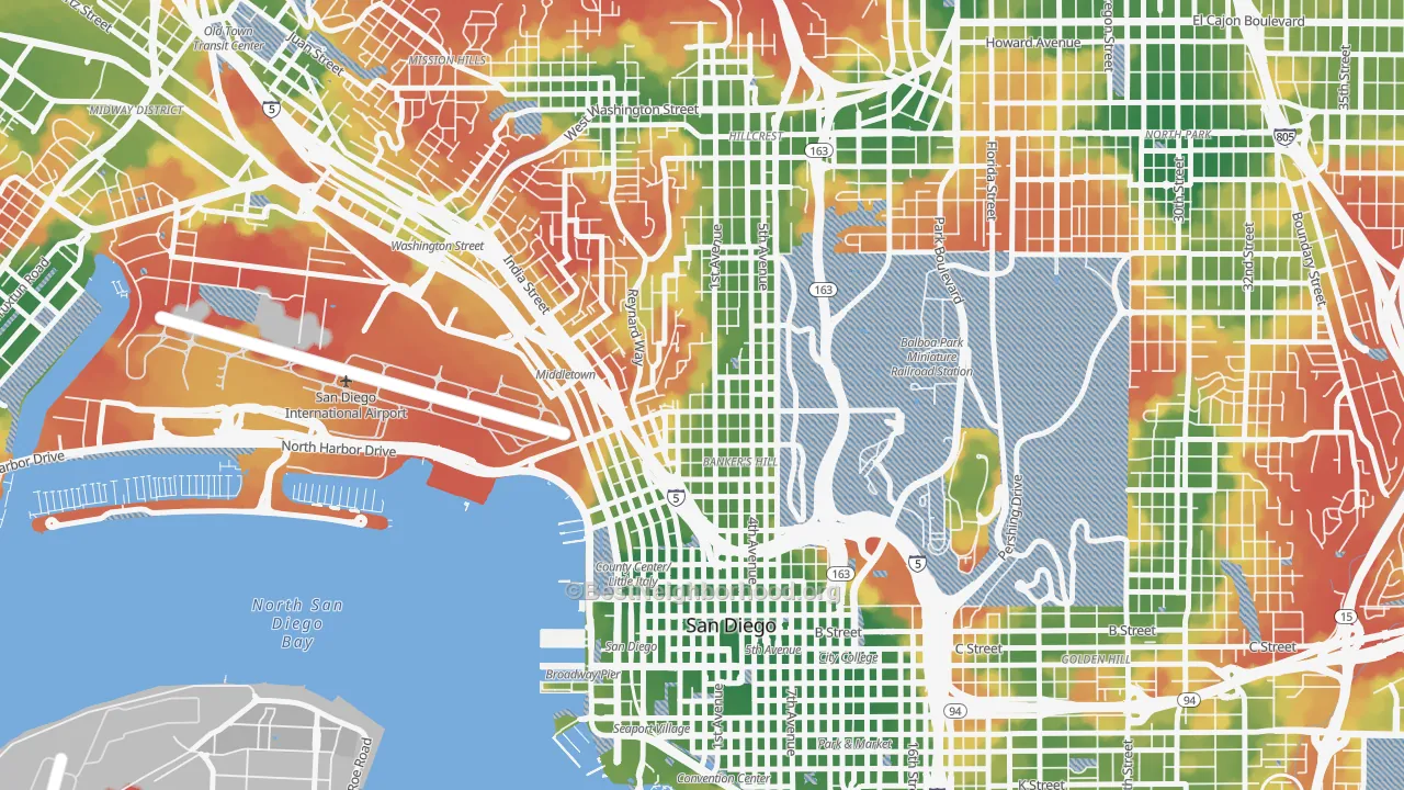Walk Grade map of Park West, San Diego, CA, walkable areas in green and car-dependent areas in red