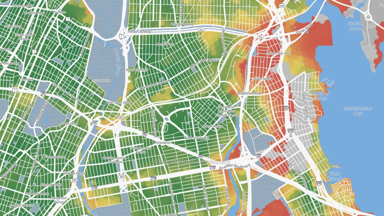 Walk Grade map of Parkchester, Bronx, NY, walkable areas in green and car-dependent areas in red