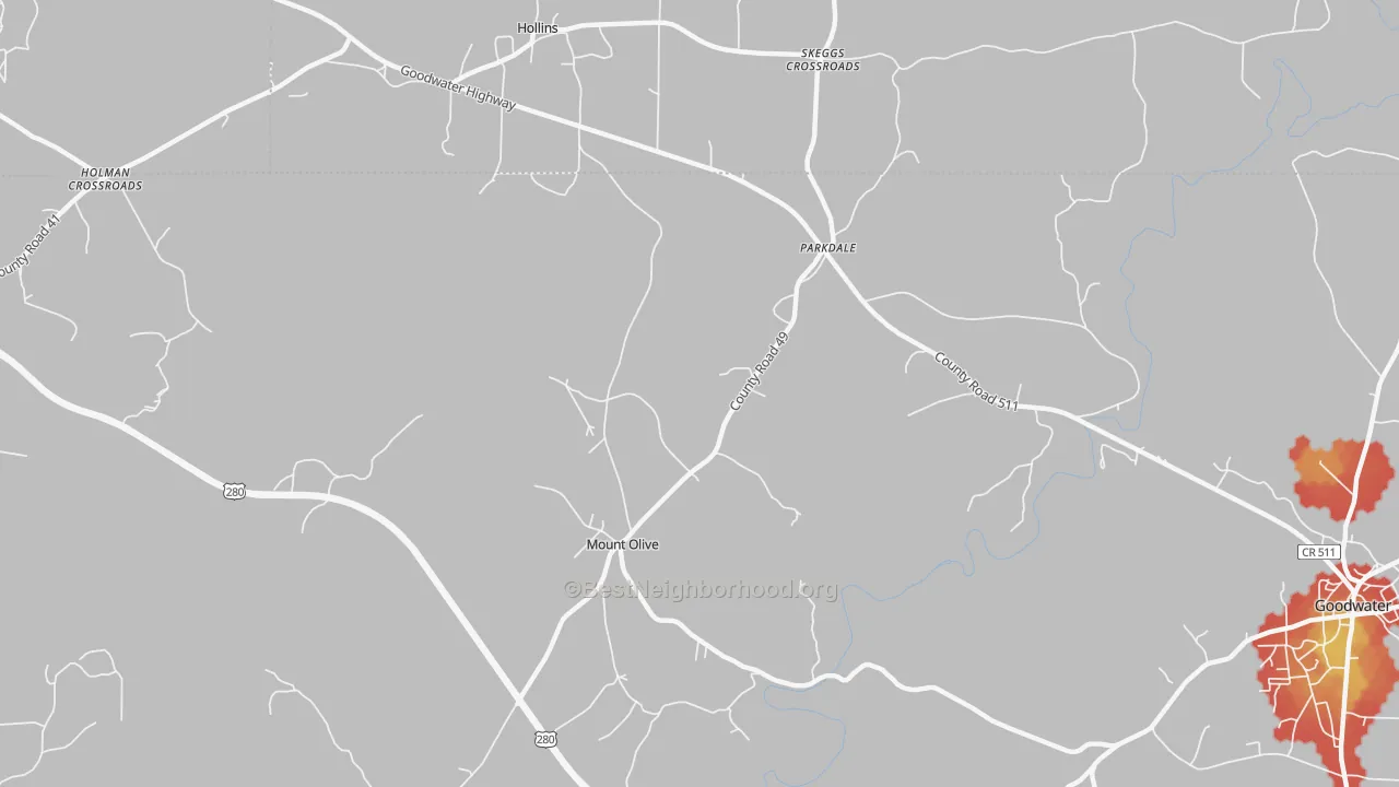 Walk Grade map of Parkdale, AL, walkable areas in green and car-dependent areas in red