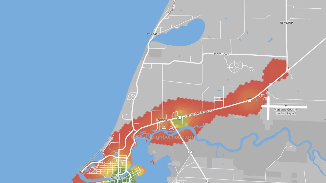 Walk Grade map of Parkdale, MI, walkable areas in green and car-dependent areas in red