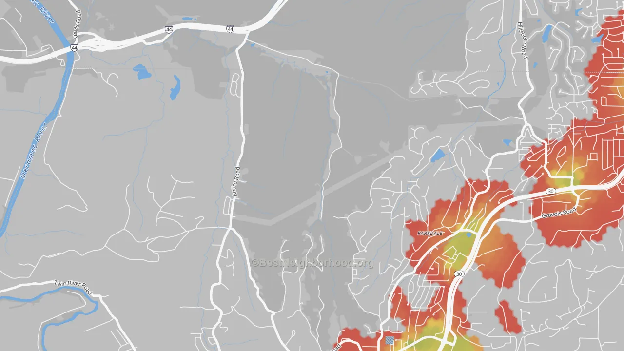 Walk Grade map of Parkdale, MO, walkable areas in green and car-dependent areas in red