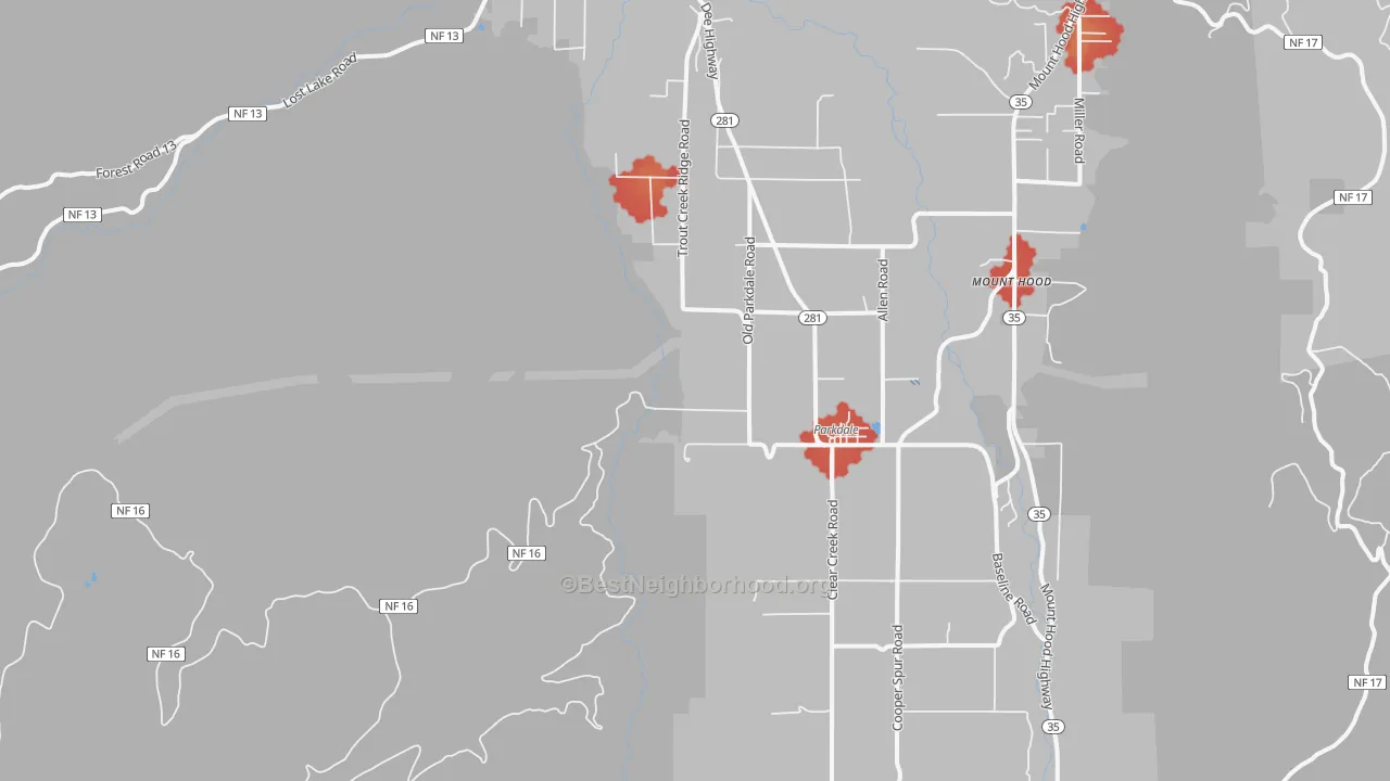 Walk Grade map of Parkdale, OR, walkable areas in green and car-dependent areas in red
