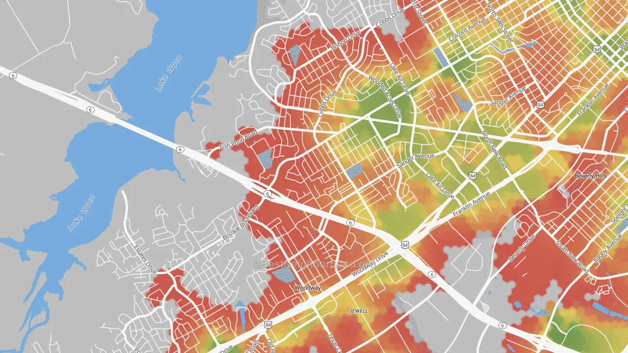 Walk Grade map of Parkdale Viking Hills, Waco, TX, walkable areas in green and car-dependent areas in red