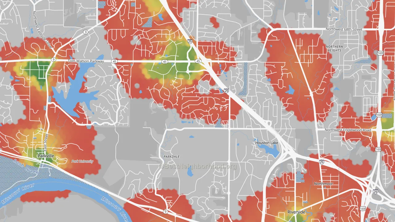 Walk Grade map of Parkdale-Walden, Kansas City, MO, walkable areas in green and car-dependent areas in red