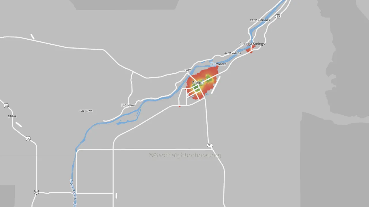 Walk Grade map of Parker, AZ, walkable areas in green and car-dependent areas in red