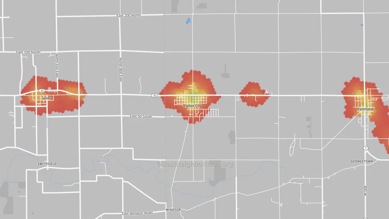 Walk Grade map of Parker City, IN, walkable areas in green and car-dependent areas in red