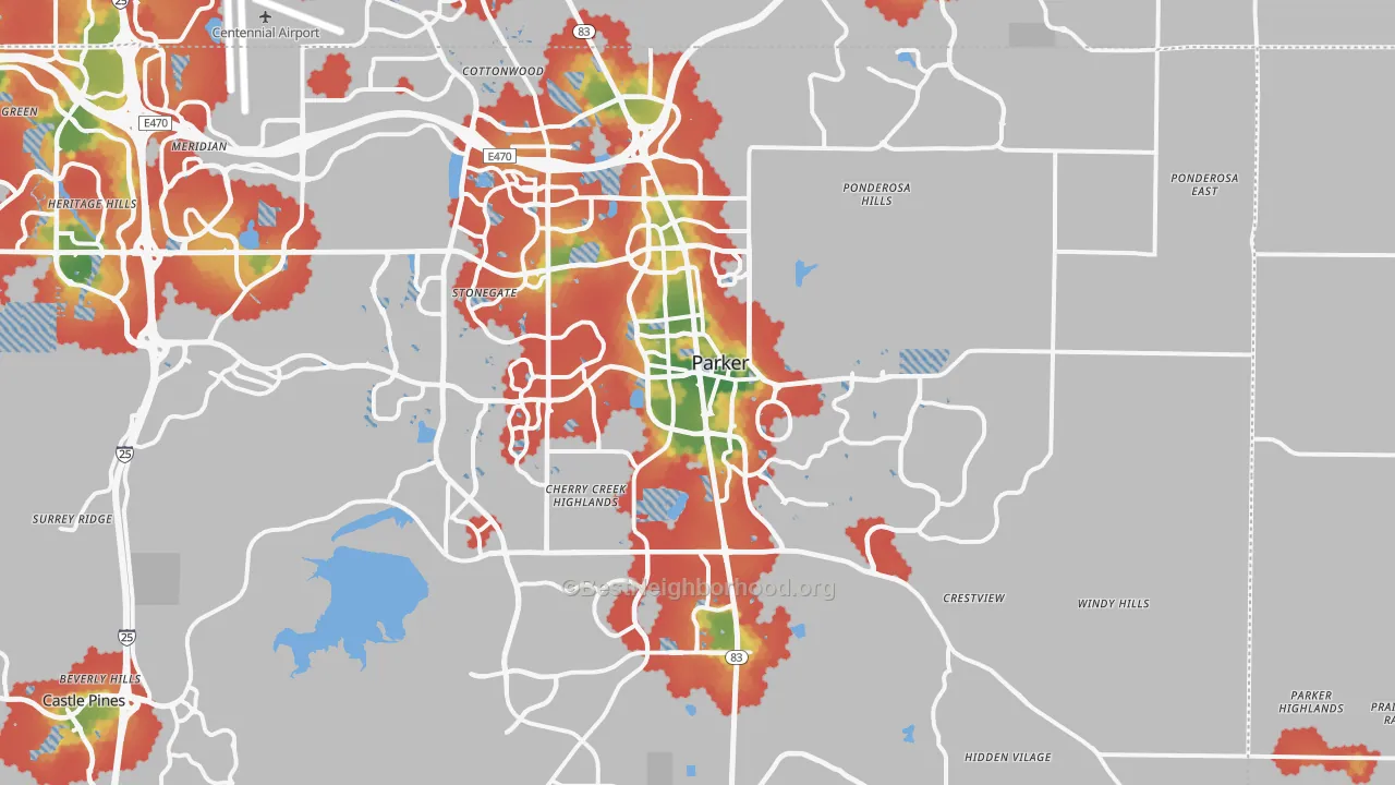 Walk Grade map of Parker, CO, walkable areas in green and car-dependent areas in red