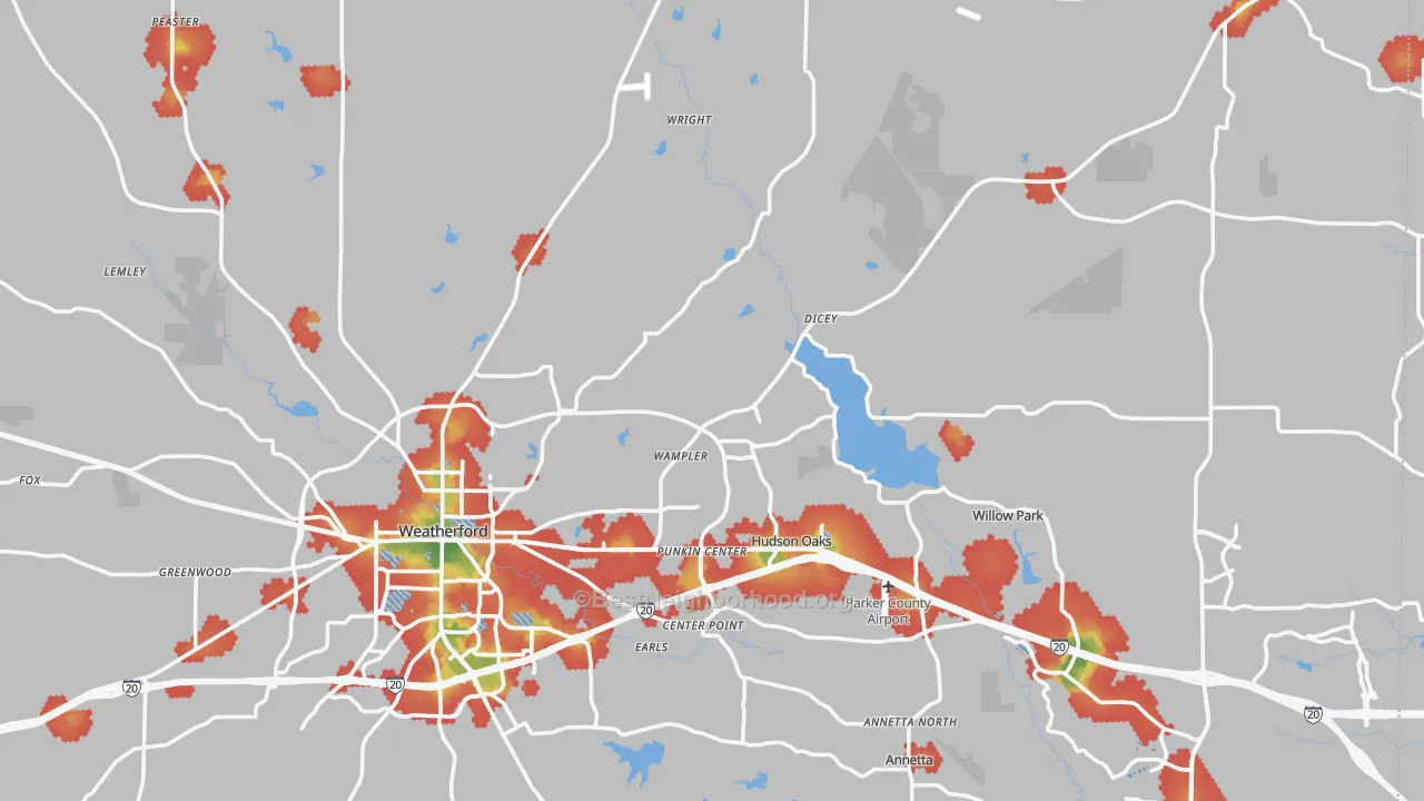 Walk Grade map of Parker County, TX, walkable areas in green and car-dependent areas in red