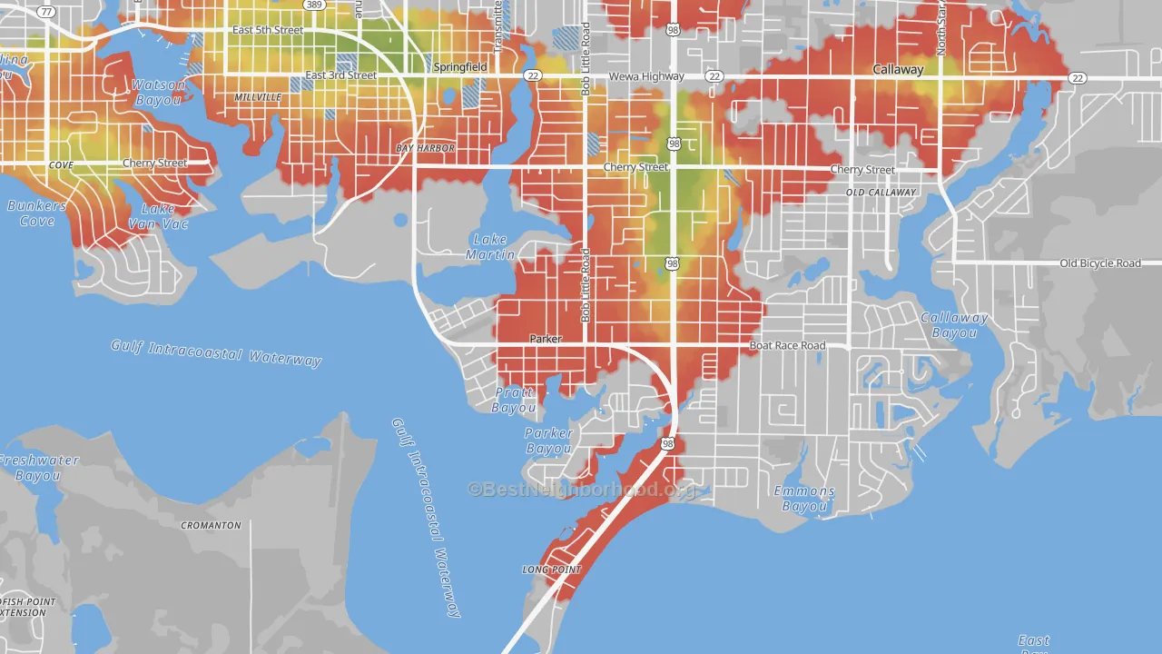 Walk Grade map of Parker, FL, walkable areas in green and car-dependent areas in red