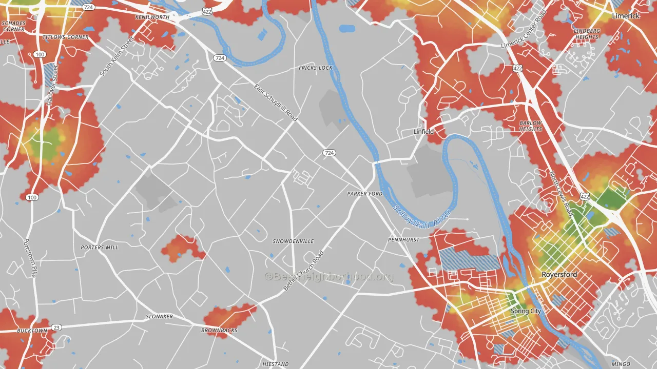 Walk Grade map of Parker Ford, PA, walkable areas in green and car-dependent areas in red