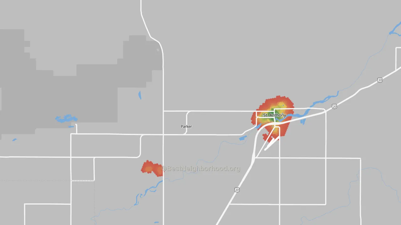 Walk Grade map of Parker, ID, walkable areas in green and car-dependent areas in red