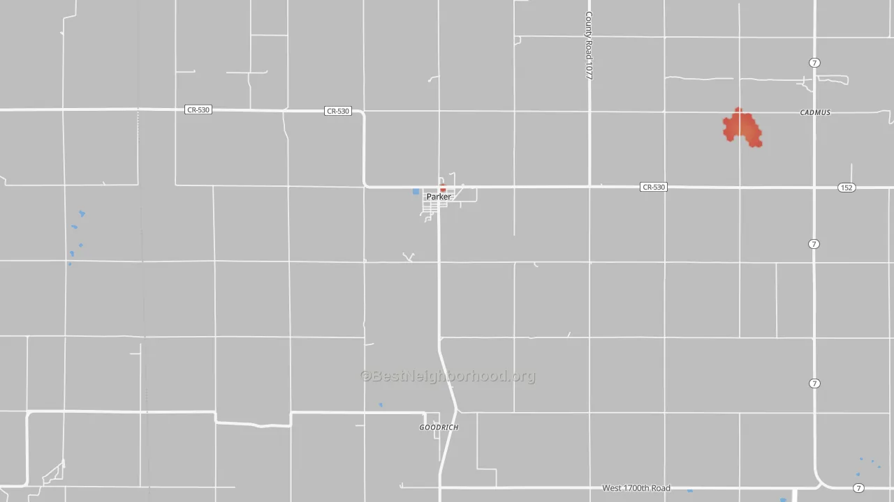 Walk Grade map of Parker, KS, walkable areas in green and car-dependent areas in red