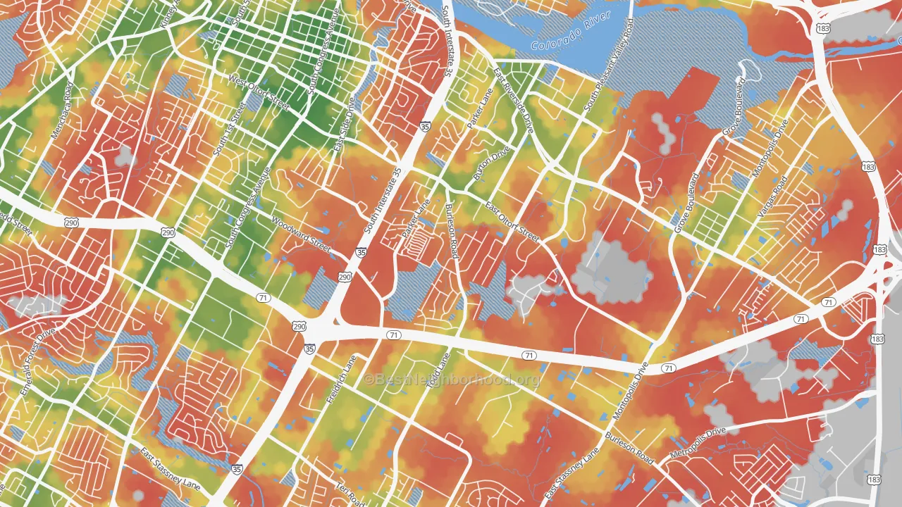 Walk Grade map of Parker Lane, Austin, TX, walkable areas in green and car-dependent areas in red