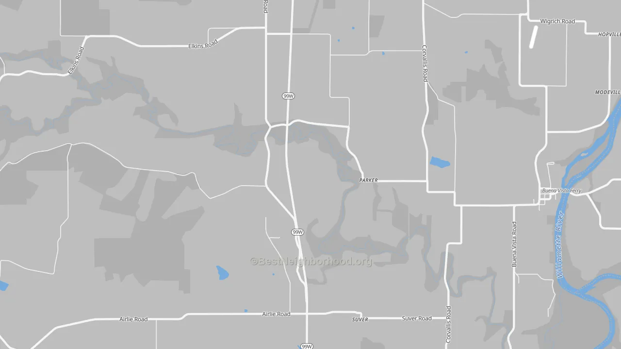 Walk Grade map of Parker, OR, walkable areas in green and car-dependent areas in red