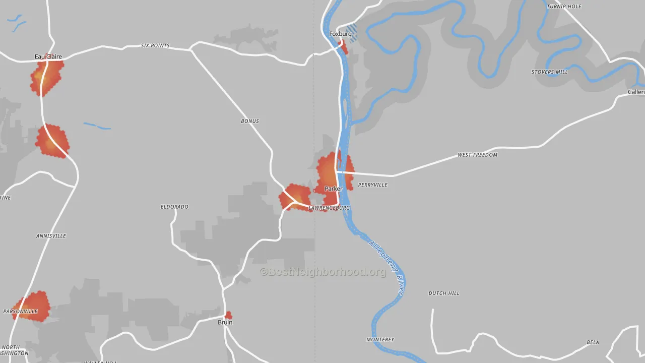 Walk Grade map of Parker, PA, walkable areas in green and car-dependent areas in red