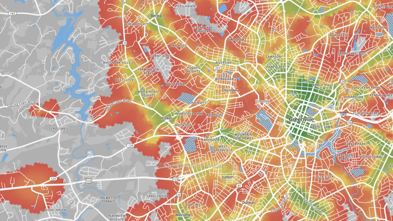 Walk Grade map of Parker, SC, walkable areas in green and car-dependent areas in red